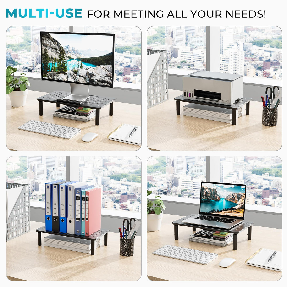 BONTEC Metal Monitor Stand, Adjustable Height Riser for Desk, Ergonomic 3-Level Desk Organizer with Cable Management, Laptop & Computer Monitor Stand up to 20KG, 2 Pack
