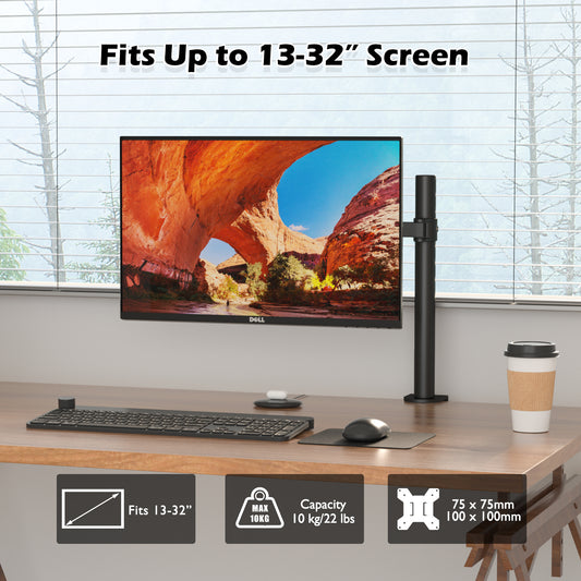 BONTEC Single Monitor Arm Desk Mount for 13-32 Inch Screens, Height Adjustable, Tilt, Swivel, 360° Rotation, Steel VESA Mount up to 10kg, Fits 75x75/100x100mm, Ergonomic, Space-Saving, Durable Design
