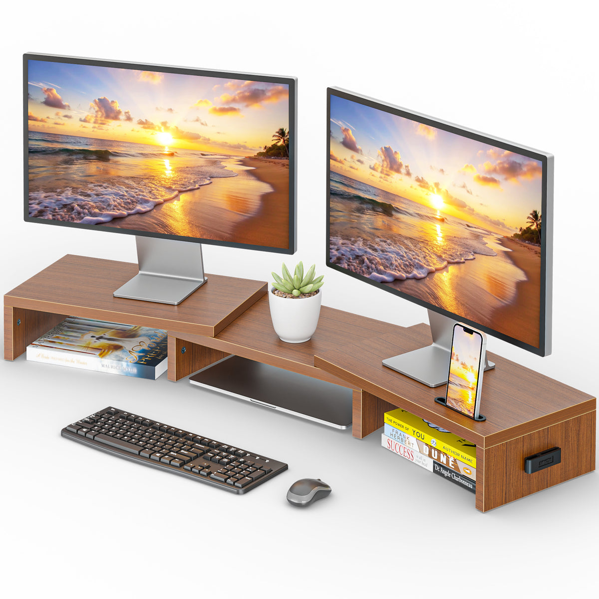 BONTEC Dual Monitor Stand Riser, Adjustable Length & Angle, Ergonomic Desk Organizer with Smartphone Holder, Extra Storage & Cable Management, Wooden Monitor Riser for Laptop, Printer & Monitor