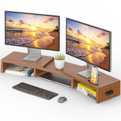 BONTEC Dual Monitor Stand Riser, Adjustable Length & Angle, Ergonomic Desk Organizer with Smartphone Holder, Extra Storage & Cable Management, Wooden Monitor Riser for Laptop, Printer & Monitor