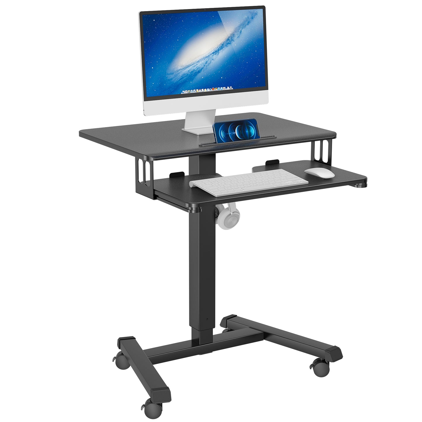BONTEC 65×45cm Two-Tier Mobile Computer Workstation, Height Adjustable Desk with 4 Rolling Castors, Laptop Stand on Wheels, Portable Side Table for Home Office, Living Room, Bedroom