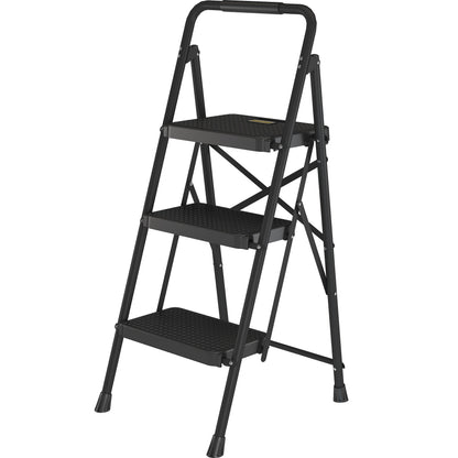BONTEC 3 Step Ladder, Capacity 272KG with Wide Anti-Slip Pedals, Folding Steel Step Stool, Sponge Handlebar, Lightweight Portable Ladder Suitable for Home, Kitchen, Pantry, Indoor/Outdoor Use, Black