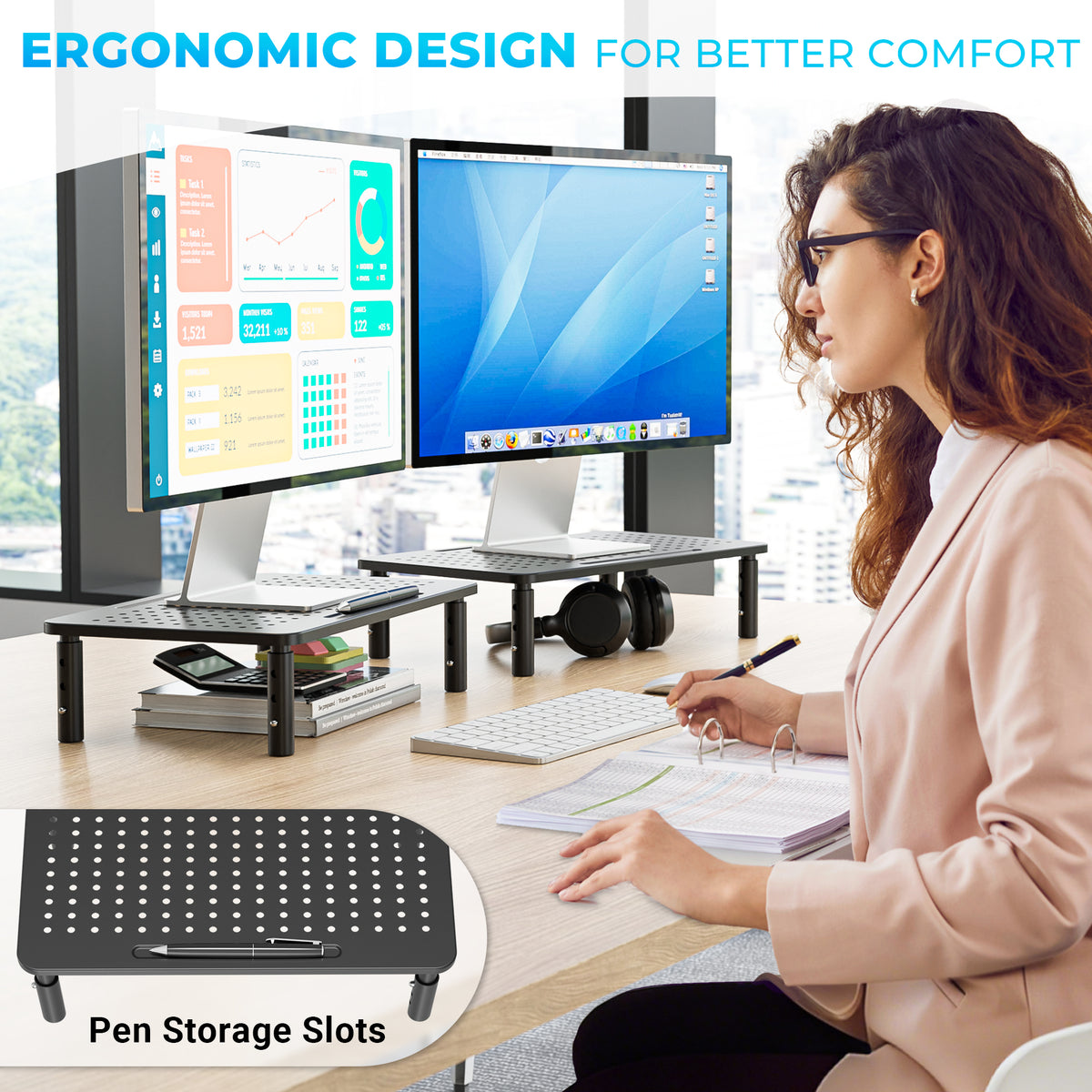 BONTEC Adjustable Monitor Stand, Ergonomic Metal Riser with 3 Height Levels (100/120/140mm), Ventilated Mesh Surface, Up to 20KG Weight Capacity, Cable Management, Laptop & Computer Monitor Riser