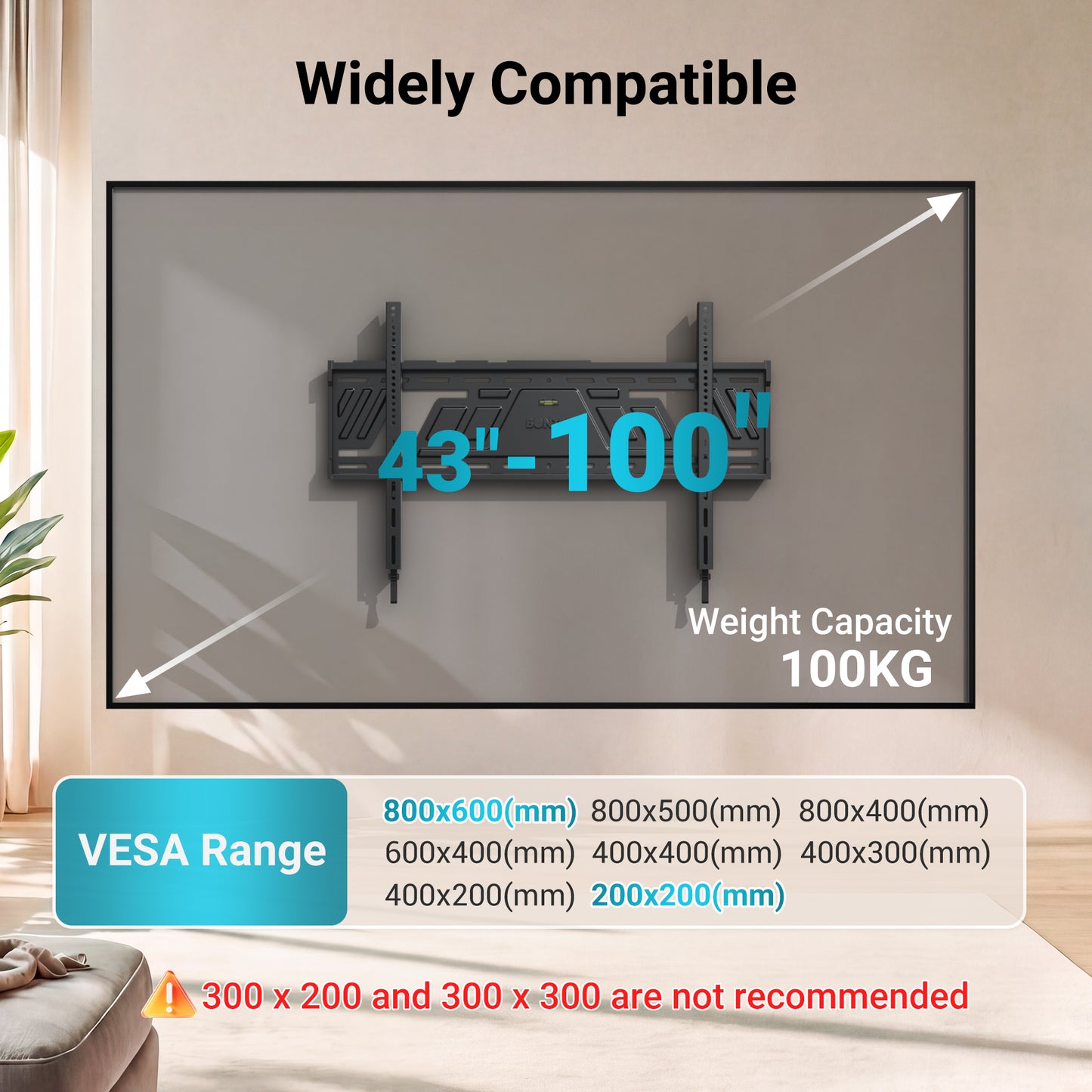 BONTEC Fixed TV Wall Bracket for 43 to 100 Inch Flat and Curved TVs, Ultra Slim 23 mm Low Profile, Heavy Duty 100 kg Load Capacity, Max VESA 800x600mm, Single Piece Plate, Clean Flush Fit Design