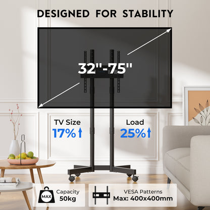 BONTEC Rolling TV Stand for 32-75 inch TVs, Mobile TV Cart with Lockable Wheels, Height Adjustable, Max VESA 400x400mm, Portable TV Stand on Wheels with Cable Management, TV Floor Stand, Black
