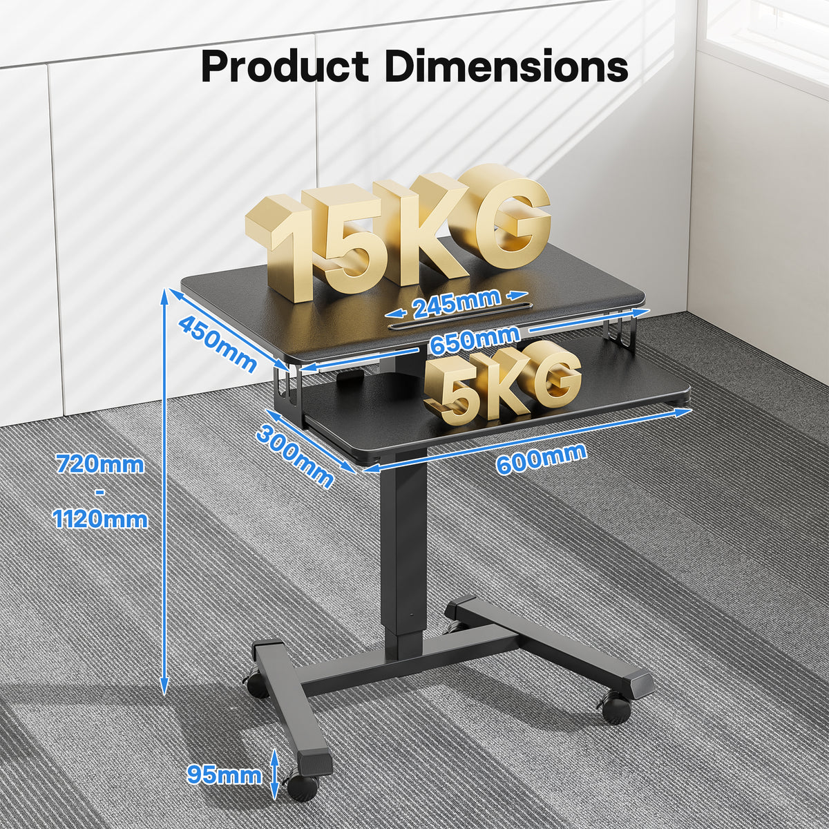 BONTEC 65×45cm Two-Tier Mobile Computer Workstation, Height Adjustable Desk with 4 Rolling Castors, Laptop Stand on Wheels, Portable Side Table for Home Office, Living Room, Bedroom
