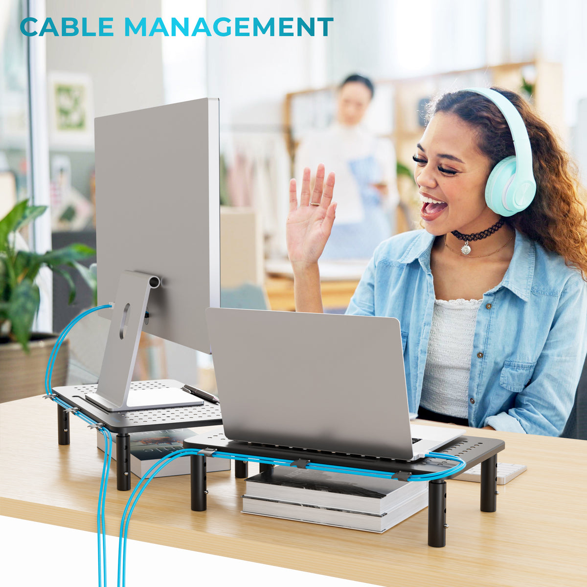BONTEC Adjustable Monitor Stand, Ergonomic Metal Riser with 3 Height Levels (100/120/140mm), Ventilated Mesh Surface, Up to 20KG Weight Capacity, Cable Management, Laptop & Computer Monitor Riser