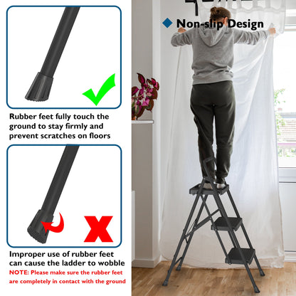 BONTEC 3 Step Ladder, Capacity 272KG with Wide Anti-Slip Pedals, Folding Steel Step Stool, Sponge Handlebar, Lightweight Portable Ladder Suitable for Home, Kitchen, Pantry, Indoor/Outdoor Use, Black