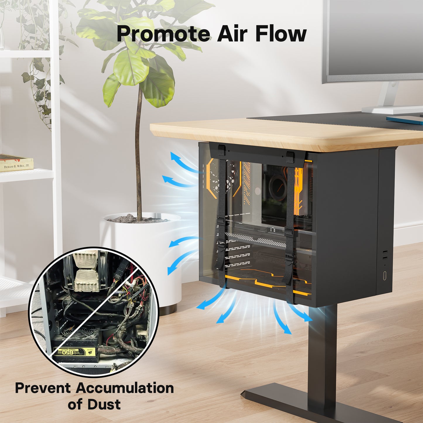 BONTEC Adjustable Under Desk PC Mount, Steel CPU Holder with 20 kg Capacity | Space-saving suspended design, secure straps fit towers up to 71 in (180 cm), simple fitting, keeps work areas clear and tidy