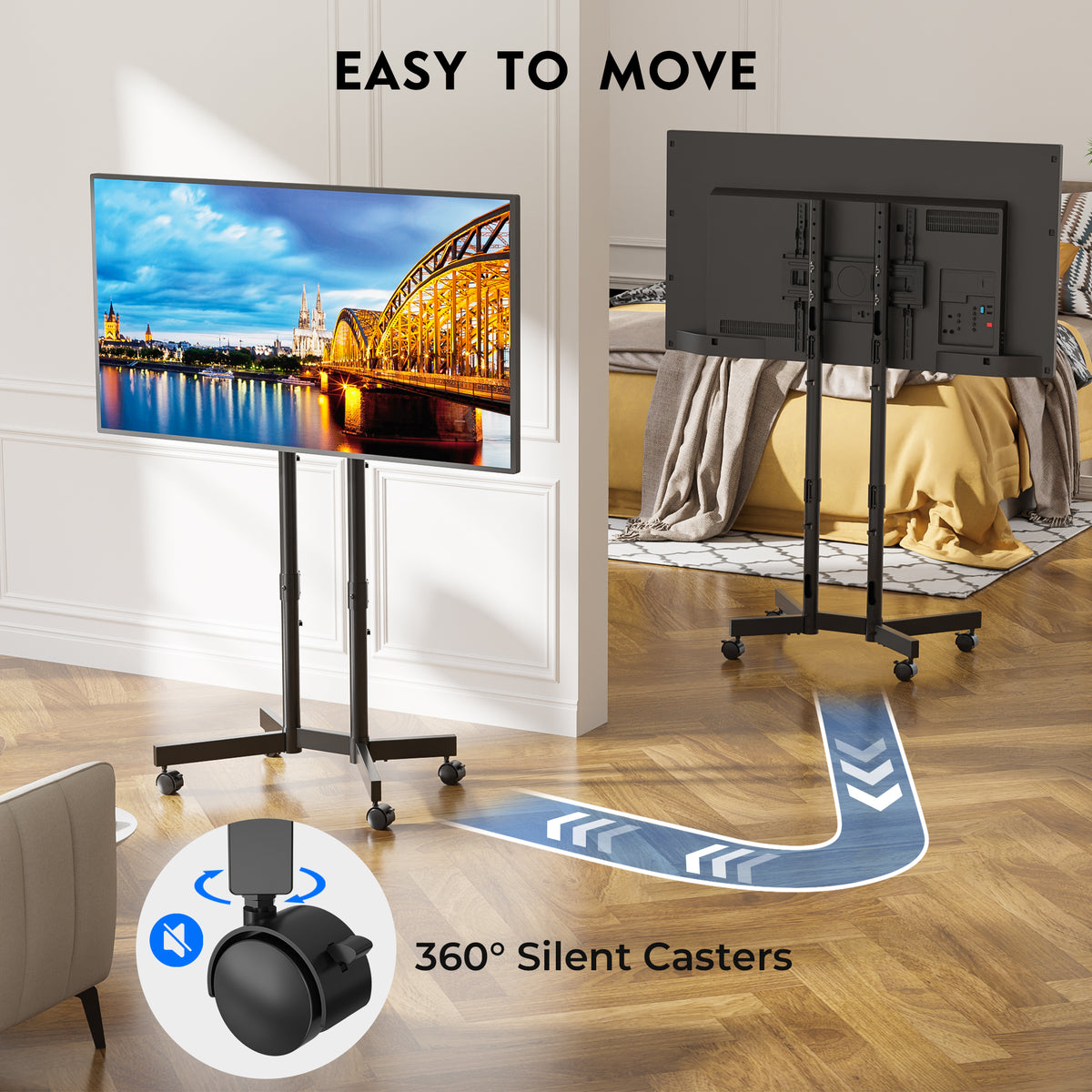 BONTEC Rolling TV Stand for 32-75 inch TVs, Mobile TV Cart with Lockable Wheels, Height Adjustable, Max VESA 400x400mm, Portable TV Stand on Wheels with Cable Management, TV Floor Stand, Black