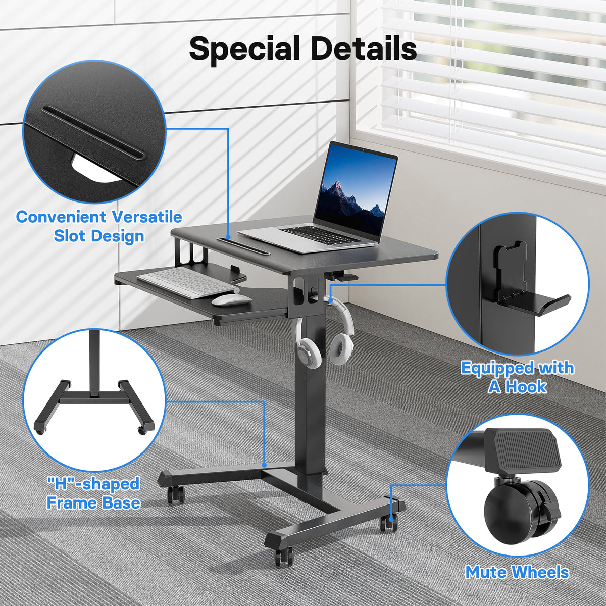 BONTEC 65×45cm Two-Tier Mobile Computer Workstation, Height Adjustable Desk with 4 Rolling Castors, Laptop Stand on Wheels, Portable Side Table for Home Office, Living Room, Bedroom