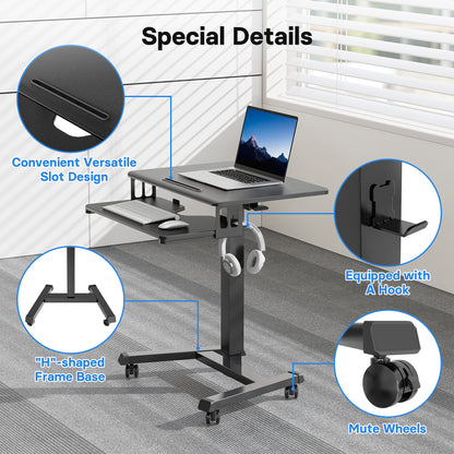 BONTEC 65×45cm Two-Tier Mobile Computer Workstation, Height Adjustable Desk with 4 Rolling Castors, Laptop Stand on Wheels, Portable Side Table for Home Office, Living Room, Bedroom