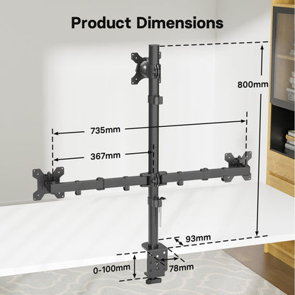 BONTEC Triple Monitor Desk Mount for One 32 Inch Screen and Two 27 inch Screens, Supports up to 10 kg, with Full Motion Adjustability, Dual Installation Options and Integrated Cable Management