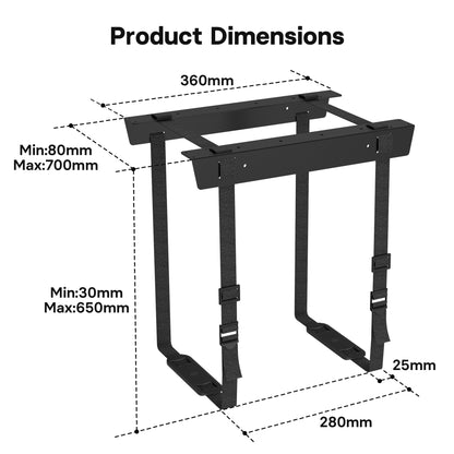 BONTEC Adjustable Under Desk PC Mount, Steel CPU Holder with 20 kg Capacity | Space-saving suspended design, secure straps fit towers up to 71 in (180 cm), simple fitting, keeps work areas clear and tidy