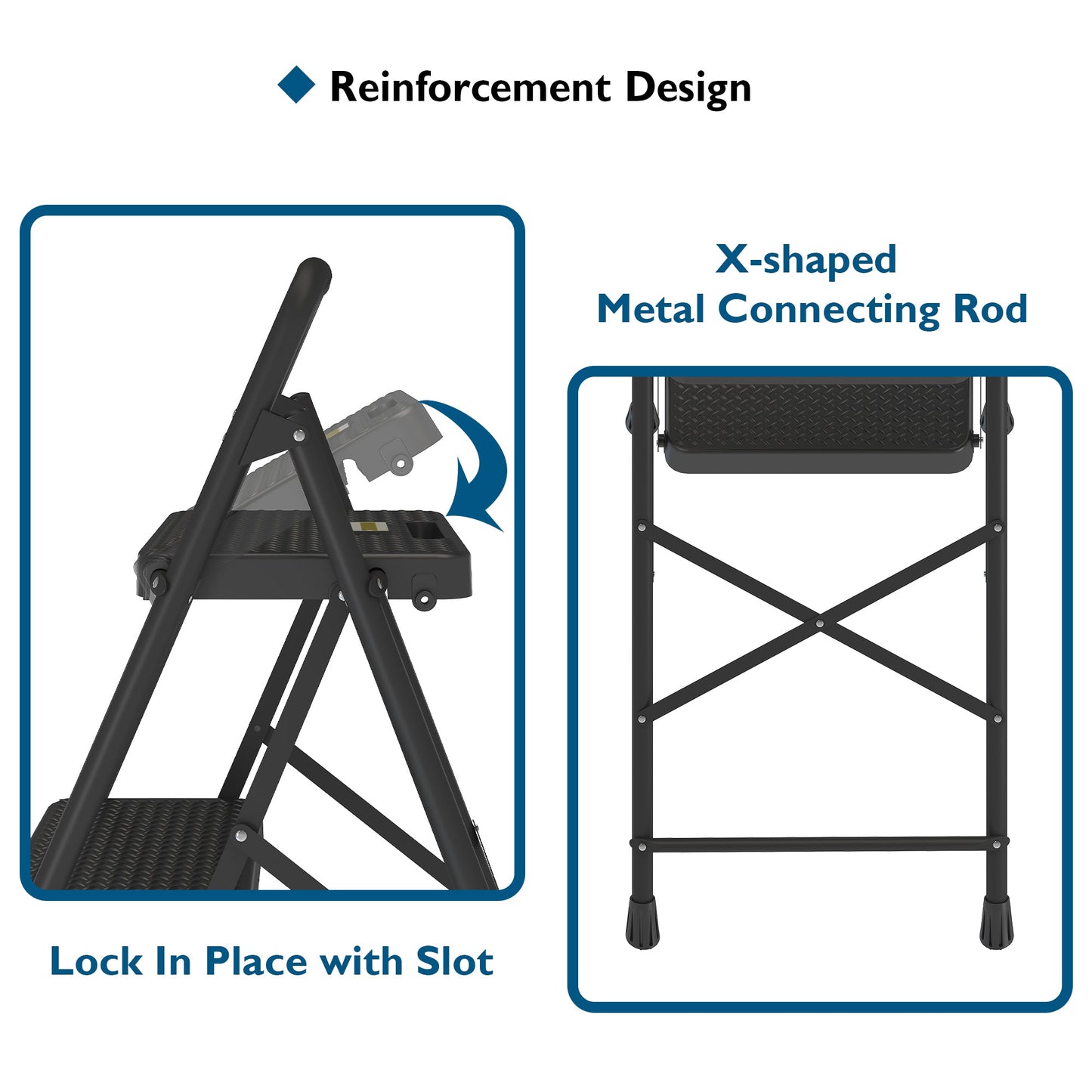 BONTEC 3 Step Ladder, Capacity 272KG with Wide Anti-Slip Pedals, Folding Steel Step Stool, Sponge Handlebar, Lightweight Portable Ladder Suitable for Home, Kitchen, Pantry, Indoor/Outdoor Use, Black