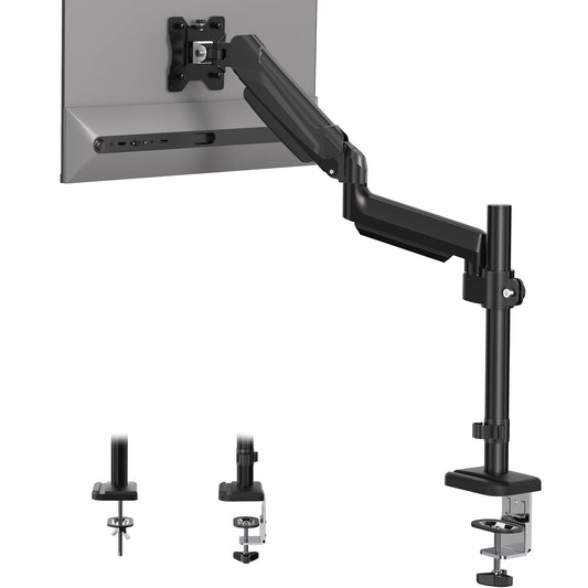 BONTEC Single Monitor Arm Desk Mount for 13-32 Inch Screens, Adjustable Gas Spring Arm Stand, VESA 75/100mm, 9kg Capacity, Tilt, Swivel, 360° Rotation, C-Clamp & Grommet Options, Ergonomic Design