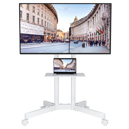 BONTEC Mobile TV Stand on Wheels, Rolling TV Cart with Locking Wheels for 32-85” LED, LCD, OLED Flat & Curved TVs, Tilt, Height Adjustable, Max VESA 600x400mm, 55kg Capacity, Laptop Shelf