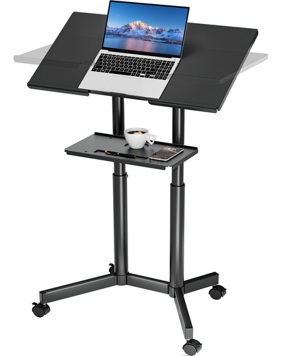 BONTEC Mobile Standing Laptop Desk Converter, Sit Stand Desk with Wheels, Height Adjustable Home Office Desk Workstation, Rolling Desk Laptop Cart with Storage Tray, Black