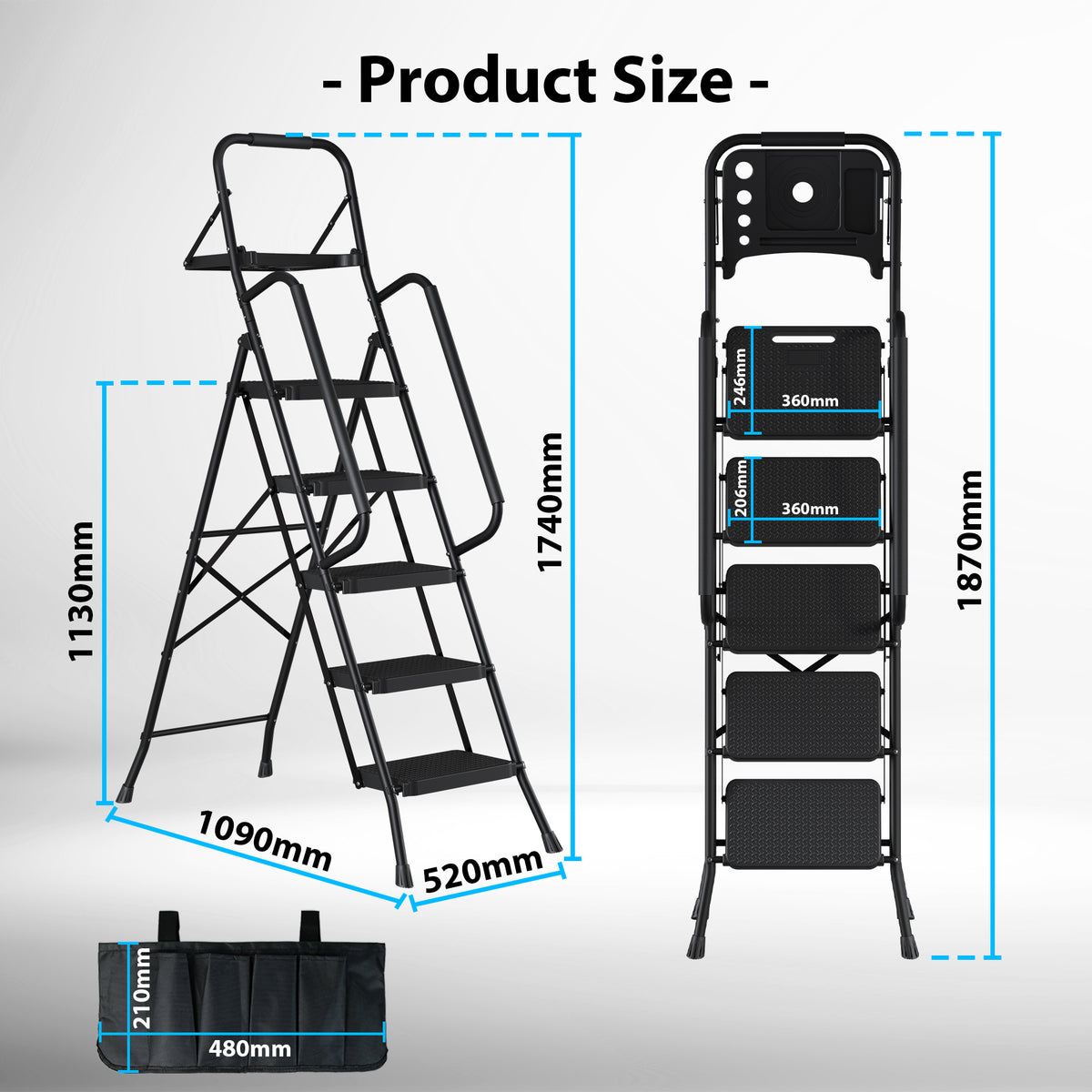 BONTEC 5 Step Ladder with Tool Bag and Tray, Folding Step Ladder with Wide Anti-Slip Pedals, Handrails and Soft Grip, Foldable Metal Step Stool for Kitchen, Pantry, Garage, Up to 150KG, Black