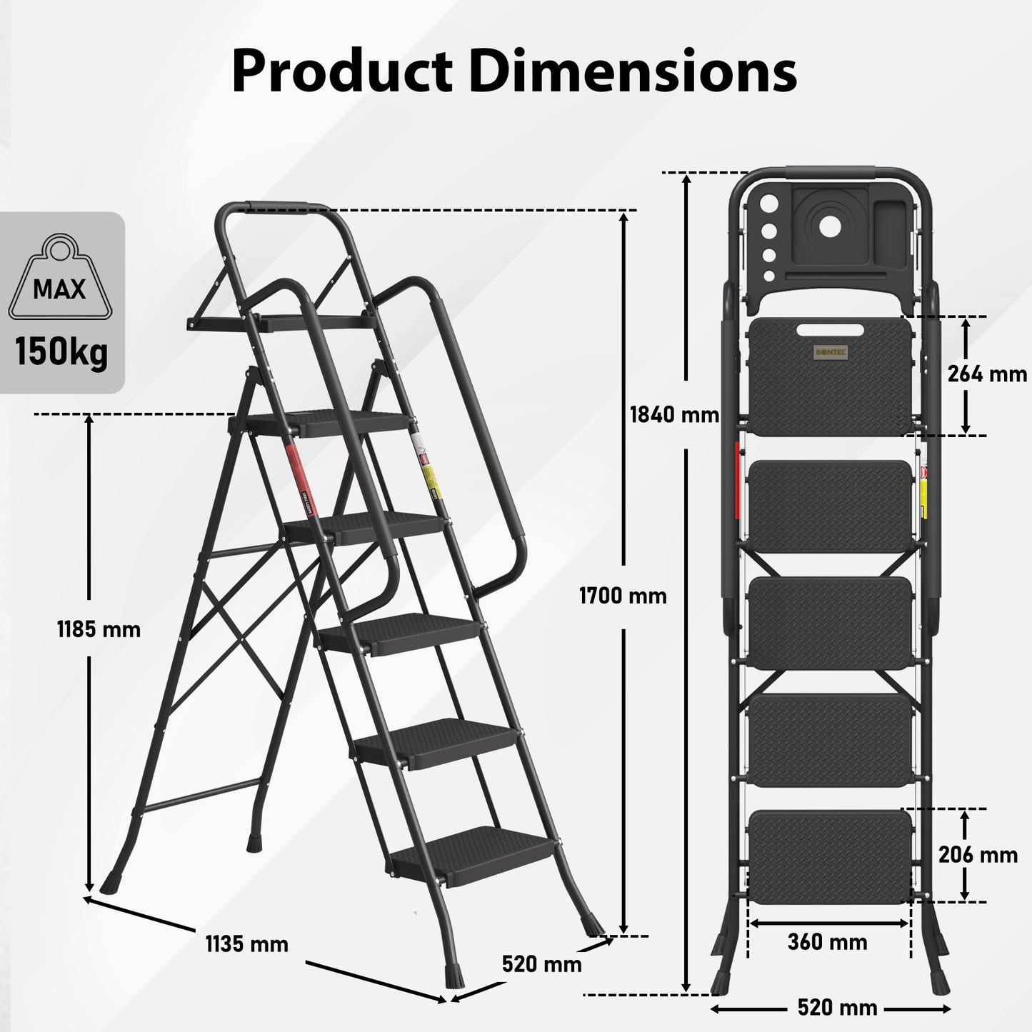 BONTEC 5 Step Ladder, Foldable Metal Stool with Tool Tray, 150 kg Load Steel frame, wide anti-slip pedals, sponge-covered handrail, compact storage, for kitchens, garages, indoor and outdoor tasks