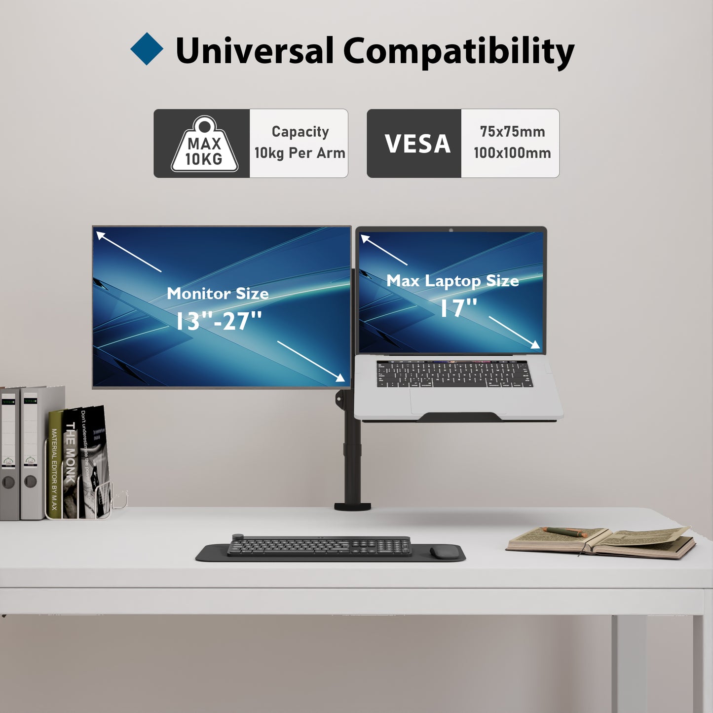 BONTEC Monitor Arm Mount with Laptop Tray for 13 to 27 inch LCD LED Screen & up to 17 inch Notebook,Tilt Rotation Swivel Ergonomic Desk Stand Bracket with Clamp, VESA Dimensions: 75x75-100x100mm