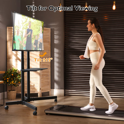 BONTEC Mobile TV Stand on Wheels, Rolling TV Cart with Locking Wheels for 32-85” LED, LCD, OLED Flat & Curved TVs, Tilt, Height Adjustable, Max VESA 600x400mm, 55kg Capacity, Laptop Shelf