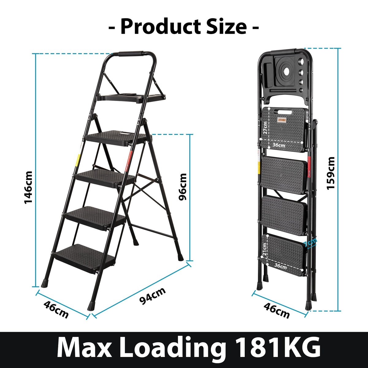 BONTEC 5 Step Ladder, Foldable Metal Stool with Tool Tray, 150 kg Load Steel frame, wide anti-slip pedals, sponge-covered handrail, compact storage, for kitchens, garages, indoor and outdoor tasks