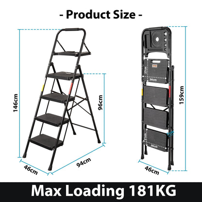 BONTEC 5 Step Ladder, Foldable Metal Stool with Tool Tray, 150 kg Load Steel frame, wide anti-slip pedals, sponge-covered handrail, compact storage, for kitchens, garages, indoor and outdoor tasks