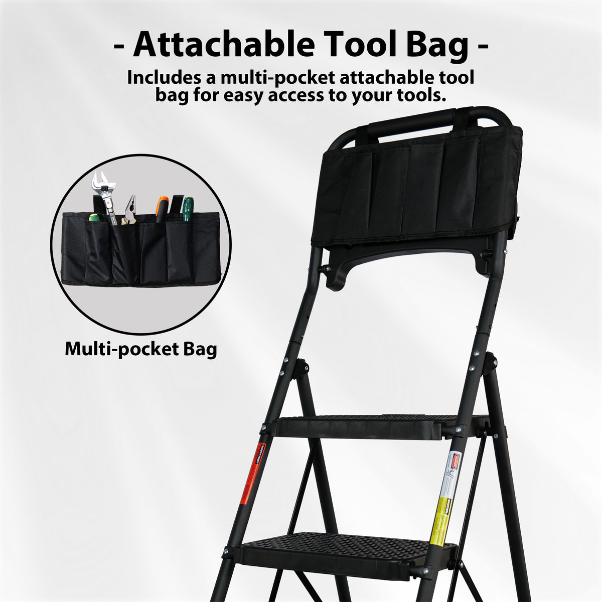 BONTEC 5 Step Ladder with Tool Bag and Tray, Folding Step Ladder with Wide Anti-Slip Pedals, Handrails and Soft Grip, Foldable Metal Step Stool for Kitchen, Pantry, Garage, Up to 150KG, Black