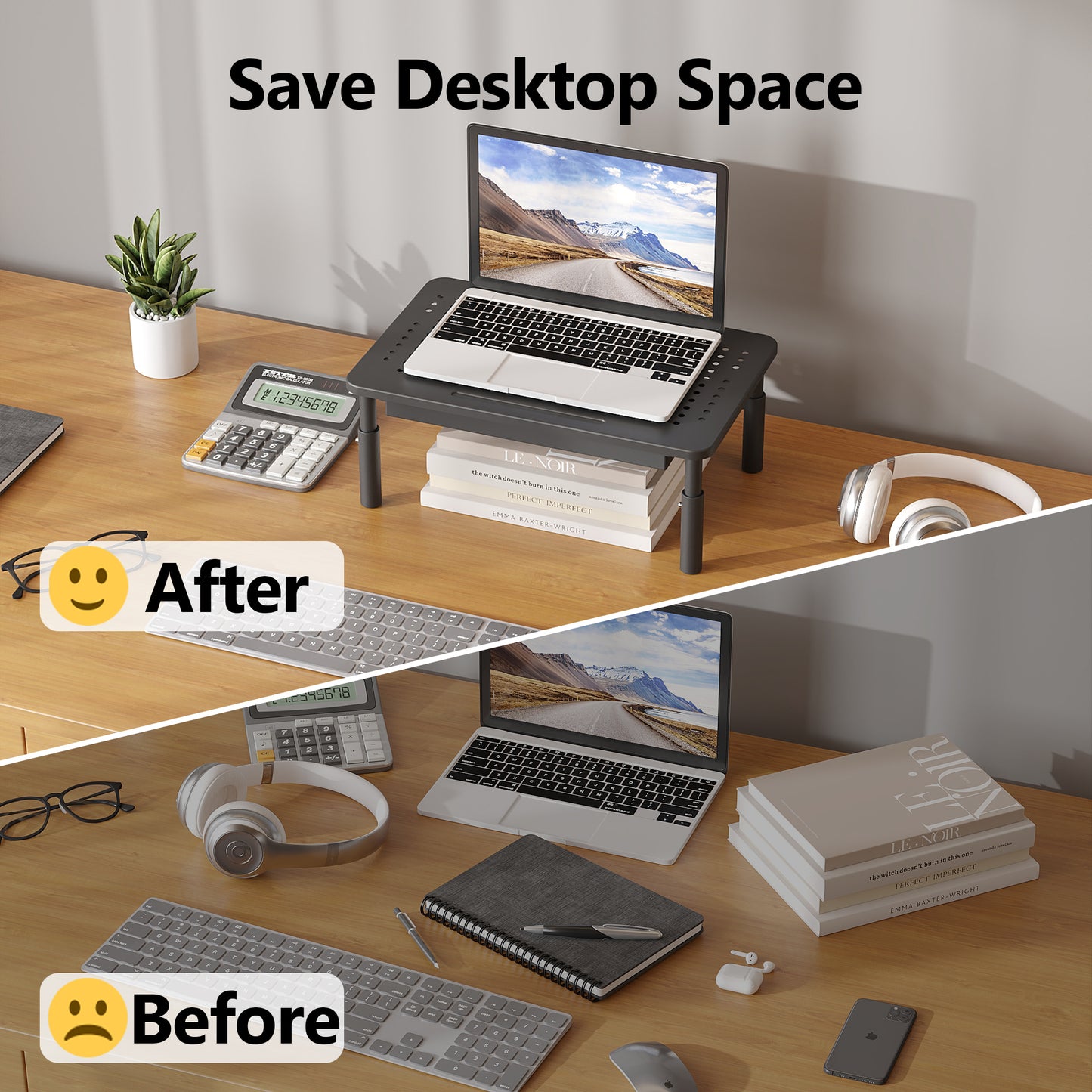 BONTEC Monitor Stand with Drawer, 3 Height Adjustable Monitor Riser for Desk, Mesh Platform for Laptop, Computer, iMac, Printer up to 20KG, Desk Organizer with Cable Ties Included