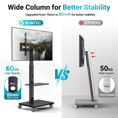 BONTEC TV Stand on Wheels, 5 Wheel Wooden Base Rolling Floor Mount for 32 to 80 inch TVs, Portable Mobile Cart, Wide Column, 60 kg, VESA 600x400, Smooth Castors, Dual Cable System, Height Adjustable