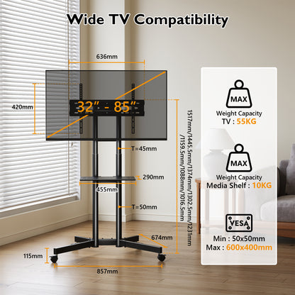 BONTEC Mobile TV Stand on Wheels, Rolling TV Cart with Locking Wheels for 32-85” LED, LCD, OLED Flat & Curved TVs, Tilt, Height Adjustable, Max VESA 600x400mm, 55kg Capacity, Laptop Shelf