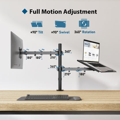 BONTEC Monitor Arm Mount with Laptop Tray for 13 to 27 inch LCD LED Screen & up to 17 inch Notebook,Tilt Rotation Swivel Ergonomic Desk Stand Bracket with Clamp, VESA Dimensions: 75x75-100x100mm