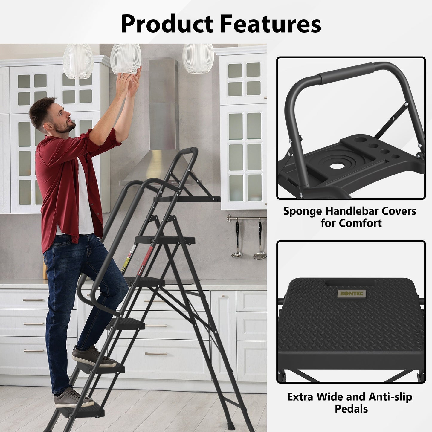 BONTEC 5 Step Ladder, Foldable Metal Stool with Tool Tray, 150 kg Load Steel frame, wide anti-slip pedals, sponge-covered handrail, compact storage, for kitchens, garages, indoor and outdoor tasks