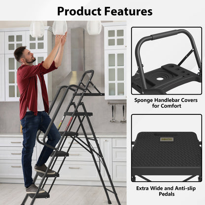 BONTEC 5 Step Ladder, Foldable Metal Stool with Tool Tray, 150 kg Load Steel frame, wide anti-slip pedals, sponge-covered handrail, compact storage, for kitchens, garages, indoor and outdoor tasks