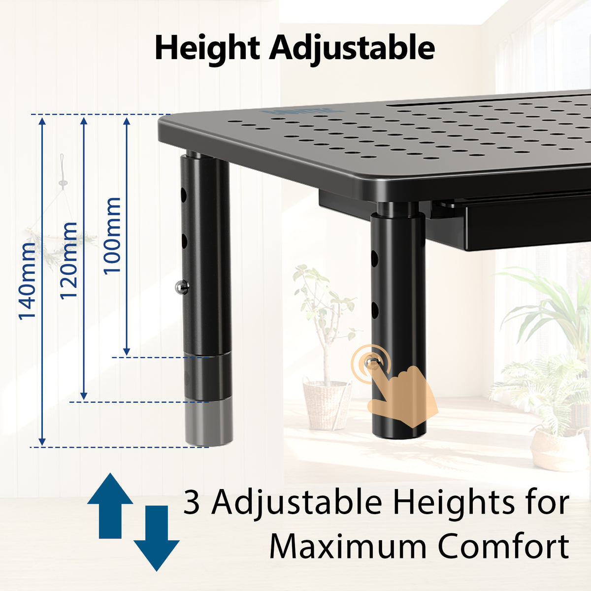 BONTEC Monitor Stand with Drawer, 3 Height Adjustable Monitor Riser for Desk, Mesh Platform for Laptop, Computer, iMac, Printer up to 20KG, Desk Organizer with Cable Ties Included