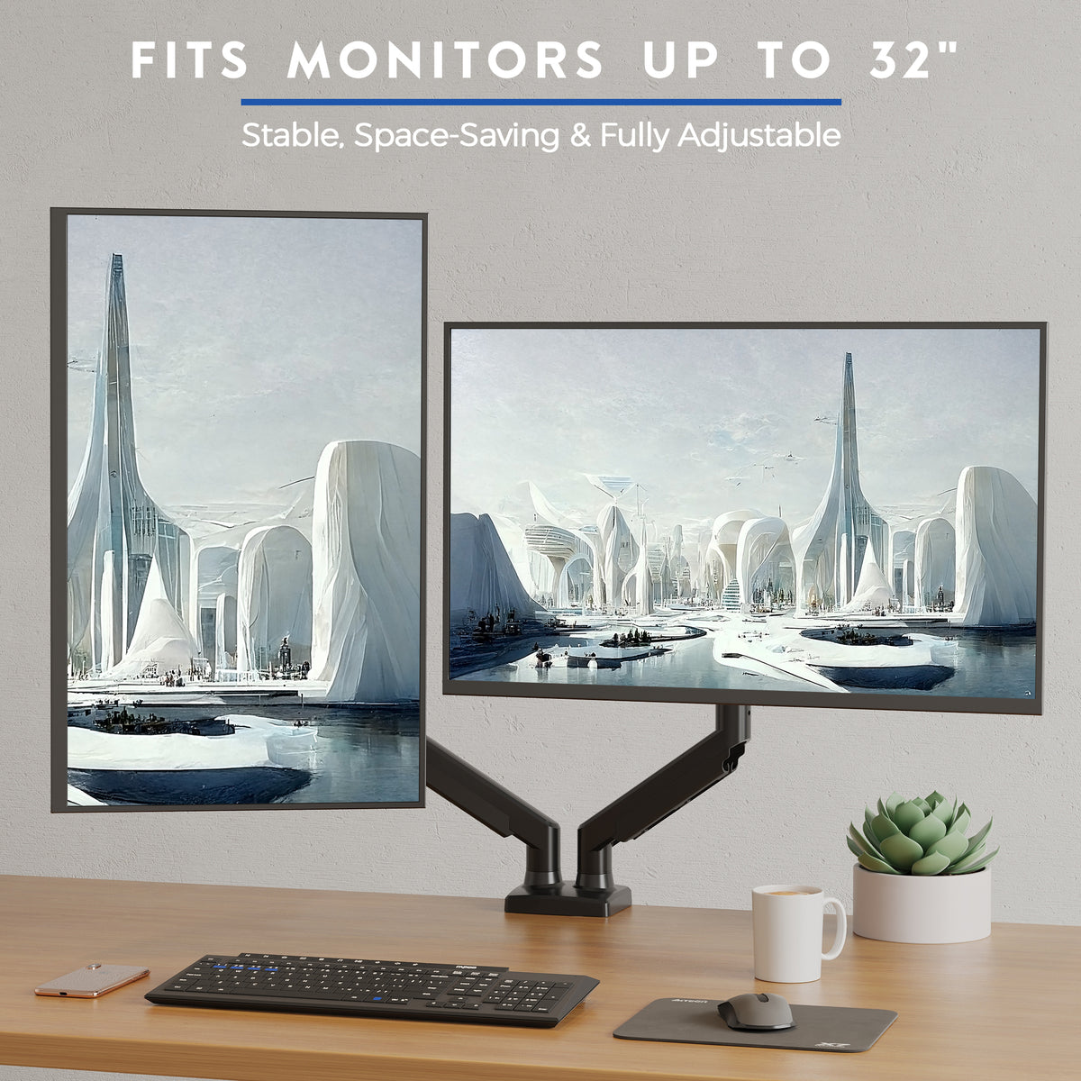 BONTEC Dual Monitor Stand, Adjustable Gas Spring Arms Monitor Desk Mount for 13-32 Inch Screens, VESA 75 & 100mm, 9KG Max Load, C Clamp, Grommet Base, Tilt, Swivel, 360° Rotation, Ergonomic Design