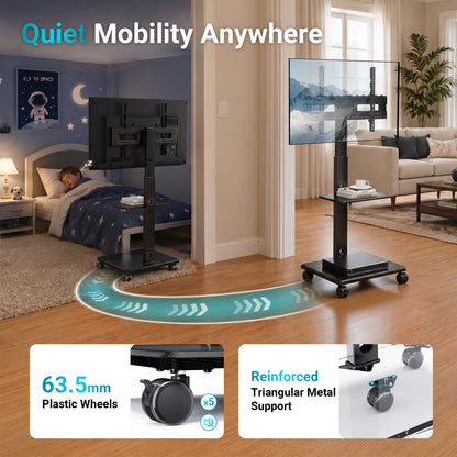 BONTEC TV Stand on Wheels, 5 Wheel Wooden Base Rolling Floor Mount for 32 to 80 inch TVs, Portable Mobile Cart, Wide Column, 60 kg, VESA 600x400, Smooth Castors, Dual Cable System, Height Adjustable