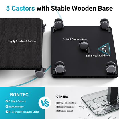BONTEC TV Stand on Wheels, 5 Wheel Wooden Base Rolling Floor Mount for 32 to 80 inch TVs, Portable Mobile Cart, Wide Column, 60 kg, VESA 600x400, Smooth Castors, Dual Cable System, Height Adjustable