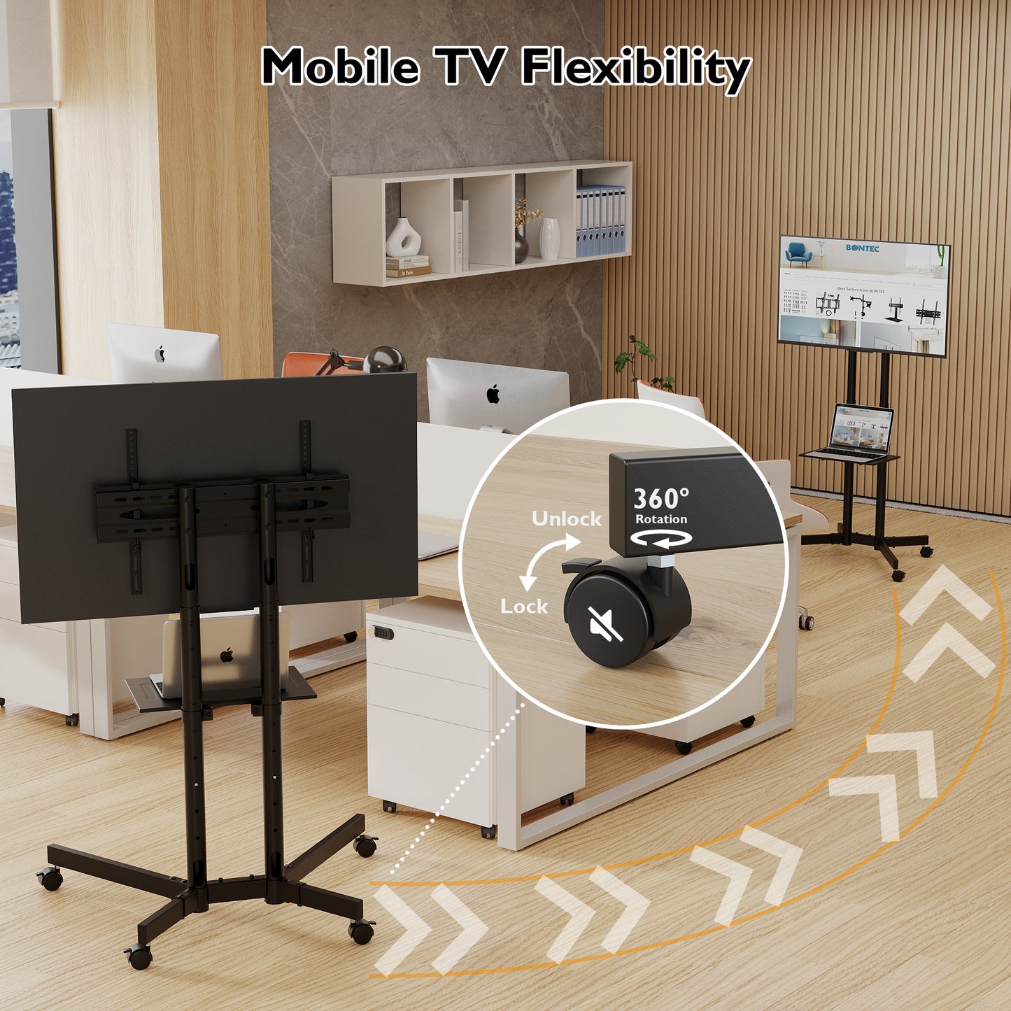 BONTEC Mobile TV Stand on Wheels, Rolling TV Cart with Locking Wheels for 32-85” LED, LCD, OLED Flat & Curved TVs, Tilt, Height Adjustable, Max VESA 600x400mm, 55kg Capacity, Laptop Shelf