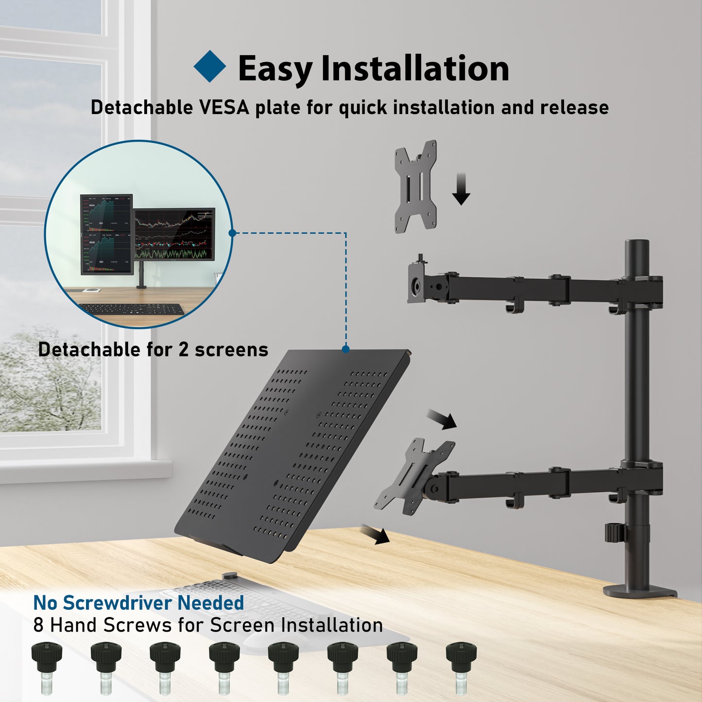 BONTEC Monitor Arm Mount with Laptop Tray for 13 to 27 inch LCD LED Screen & up to 17 inch Notebook,Tilt Rotation Swivel Ergonomic Desk Stand Bracket with Clamp, VESA Dimensions: 75x75-100x100mm