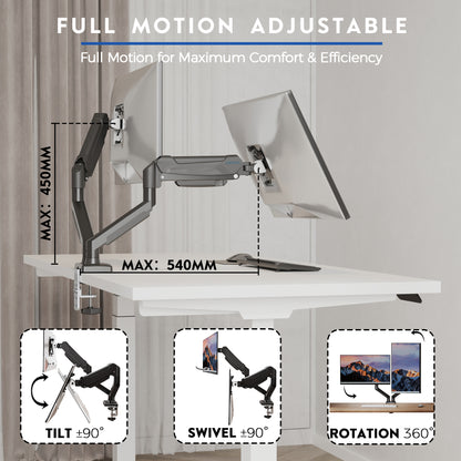 BONTEC Dual Monitor Stand, Adjustable Gas Spring Arms Monitor Desk Mount for 13-32 Inch Screens, VESA 75 & 100mm, 9KG Max Load, C Clamp, Grommet Base, Tilt, Swivel, 360° Rotation, Ergonomic Design