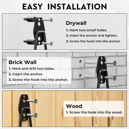 BONTEC Heavy Duty Black Garage Storage Hook, Steel Wall Mount with Anti-Slip Coating, Holds 211kg Brick 502kg Drywall, U J S Designs for Tool Storage, Bike Hook, Ladder Mount, Easy Install