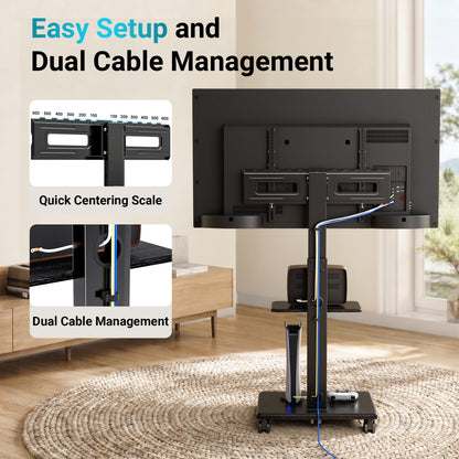 BONTEC TV Stand on Wheels, 5 Wheel Wooden Base Rolling Floor Mount for 32 to 80 inch TVs, Portable Mobile Cart, Wide Column, 60 kg, VESA 600x400, Smooth Castors, Dual Cable System, Height Adjustable