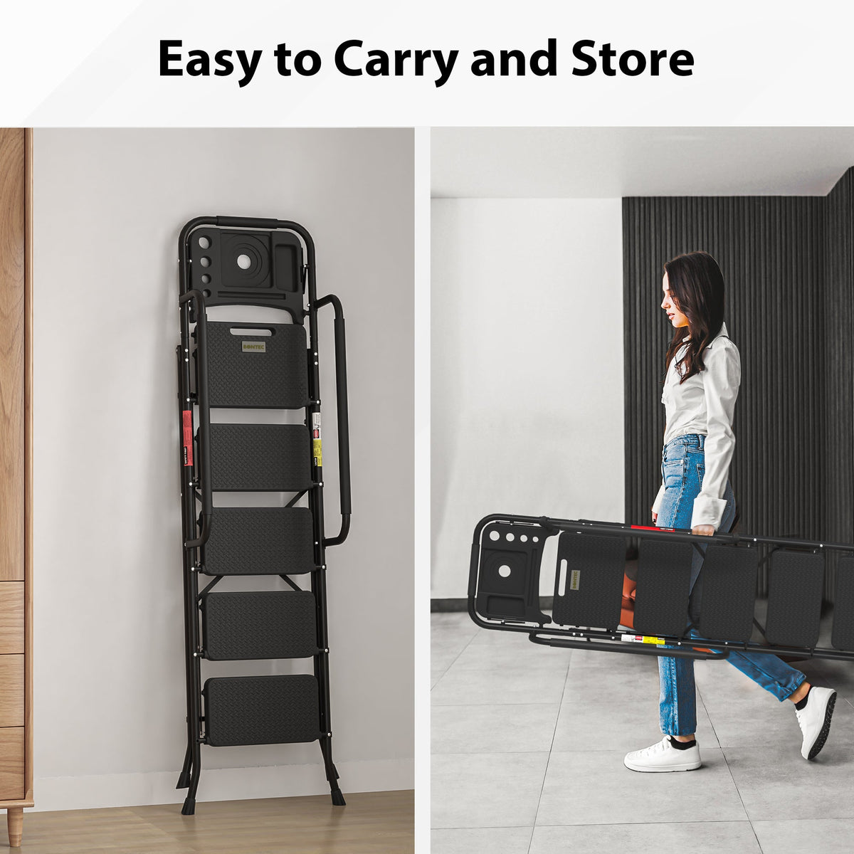 BONTEC 5 Step Ladder, Foldable Metal Stool with Tool Tray, 150 kg Load Steel frame, wide anti-slip pedals, sponge-covered handrail, compact storage, for kitchens, garages, indoor and outdoor tasks