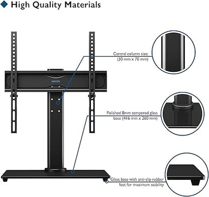 BONTEC Universal Swivel Table Top TV Stand for 26-55 LED OLED LCD Plasma Flat Curved Screens Height Adjustment Pedestal Glass Base Max. VESA 400x400mm up to 40KG