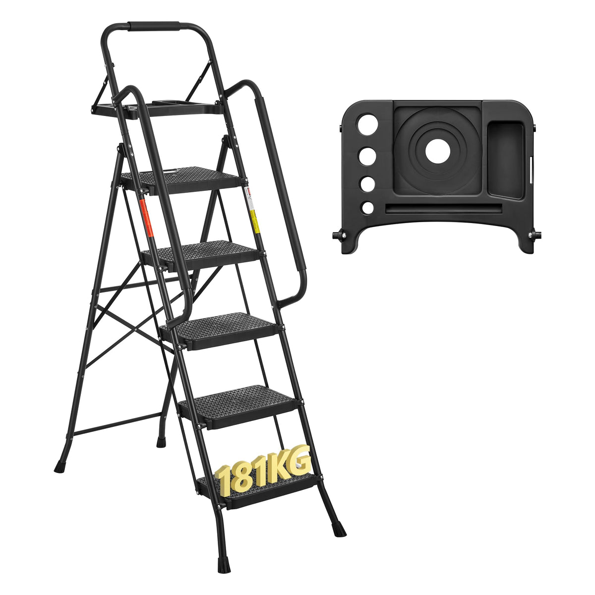 BONTEC 5 Step Ladder, Foldable Metal Stool with Tool Tray, 150 kg Load Steel frame, wide anti-slip pedals, sponge-covered handrail, compact storage, for kitchens, garages, indoor and outdoor tasks