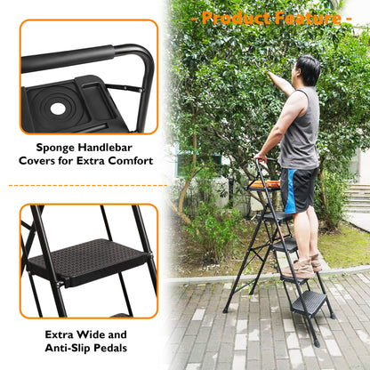 BONTEC 5 Step Ladder, Foldable Metal Stool with Tool Tray, 150 kg Load Steel frame, wide anti-slip pedals, sponge-covered handrail, compact storage, for kitchens, garages, indoor and outdoor tasks