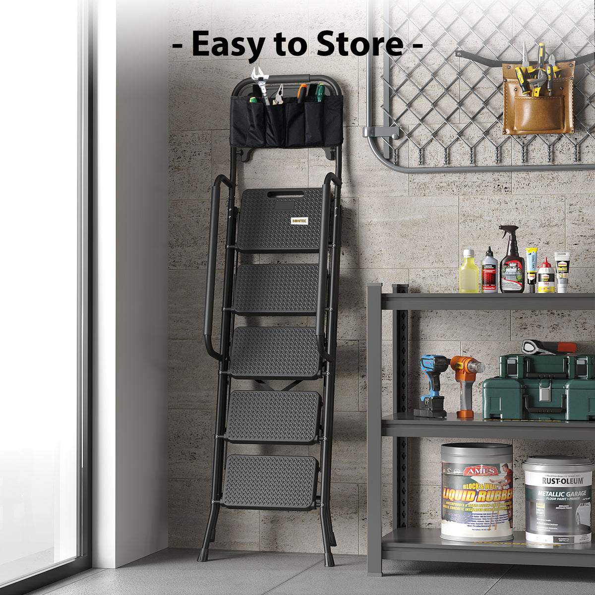 BONTEC 5 Step Ladder with Tool Bag and Tray, Folding Step Ladder with Wide Anti-Slip Pedals, Handrails and Soft Grip, Foldable Metal Step Stool for Kitchen, Pantry, Garage, Up to 150KG, Black