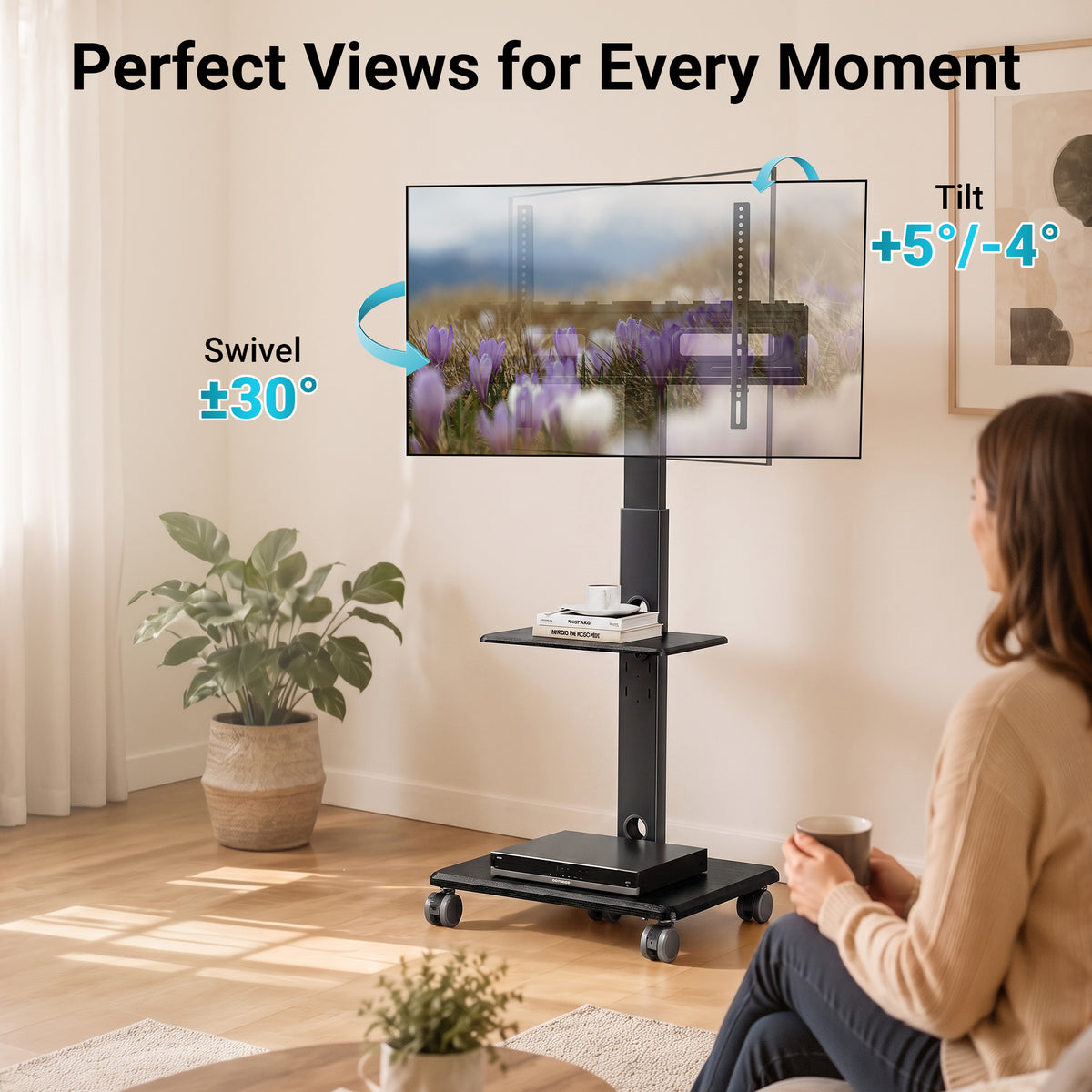 BONTEC TV Stand on Wheels, 5 Wheel Wooden Base Rolling Floor Mount for 32 to 80 inch TVs, Portable Mobile Cart, Wide Column, 60 kg, VESA 600x400, Smooth Castors, Dual Cable System, Height Adjustable